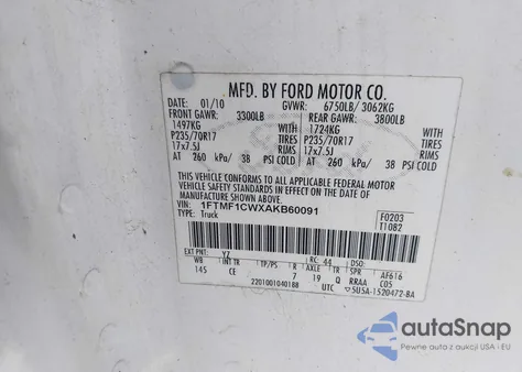 2010 Ford F150 из США, поврежденный, VIN 1FTMF1CWXAKB60091